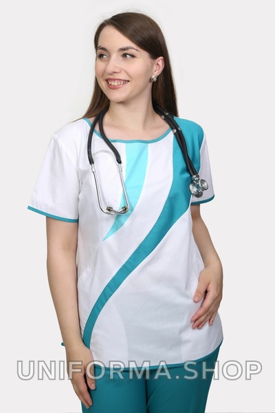 медичний костюм Айс (40-60) преміум-котон, колір білий/кариби, рукав короткий, тип брюк - класичні 77195304 фото