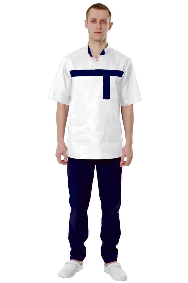 фото костюм Едінбург (40-60) через голову тк.батист - колір білий/темно-синій, рукав короткий, брюки прямі 2136386700