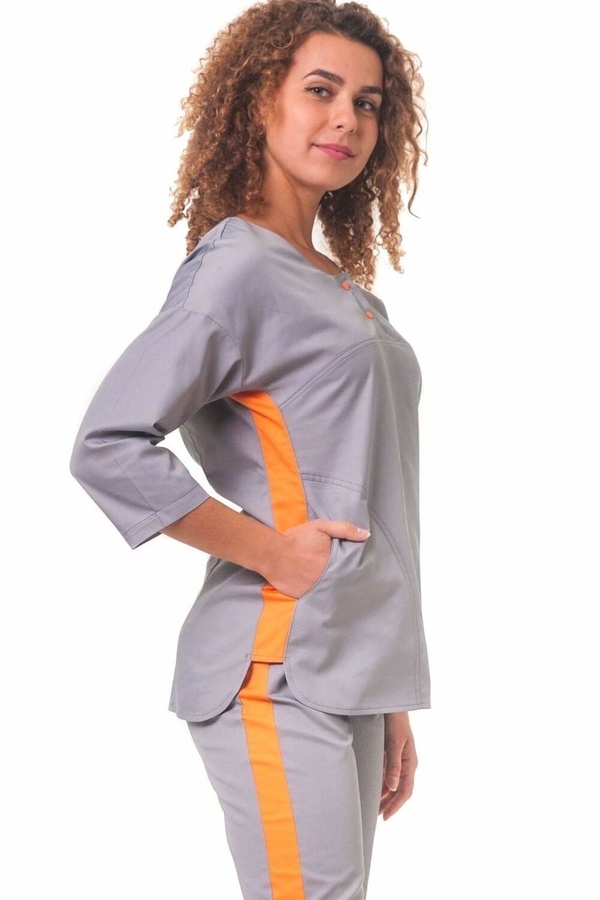 медичний костюм СЗ-Парма (40-66) через голову тк.преміум-котон - колір сірий/помаранчевий, рукав 3/4, брюки джогери 2653960015 фото