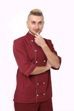 Кітель кухрський чоловічий Микита батист бордовий/білий р.40 (40-64) рукав 3/4 - спецодяг кухаря (64978415.326)