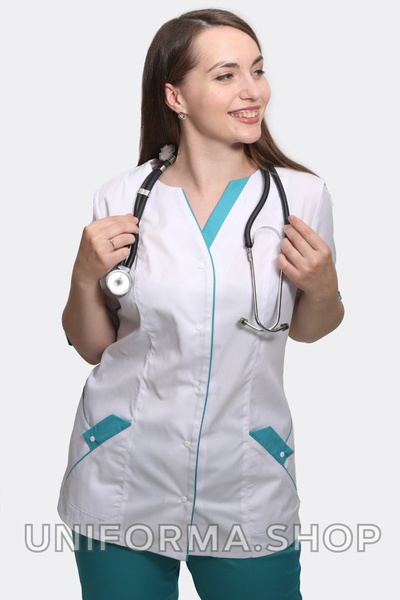 медичний костюм Христина (40-60) преміум-котон, колір білий/м'ятний, рукав 3/4, тип брюк - класичні 77233504 фото