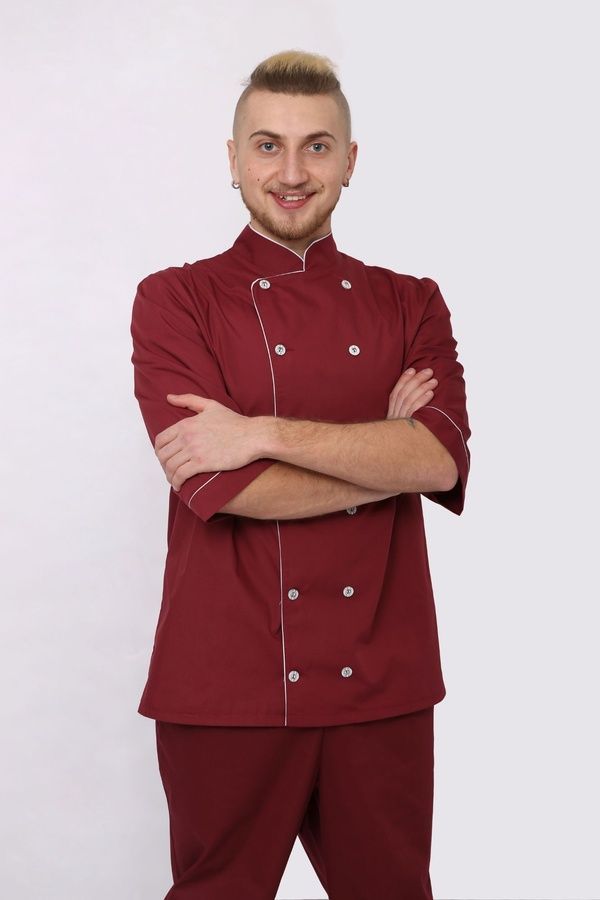 Кітель кухрський чоловічий Микита батист бордовий/білий р.40 (40-64) рукав 3/4 - спецодяг кухаря (64978415.326)