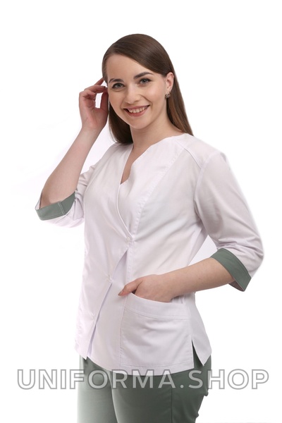 медичний костюм Стрілка (40-60) преміум-котон, колір білий/полинь, рукав 3/4, тип брюк - класичні 1859077902 фото