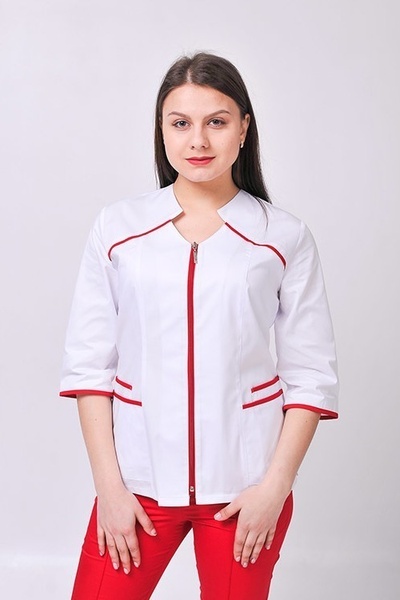 медичний костюм Жасмін (40-60) преміум-котон, колір білий/червоний, рукав 3/4, тип брюк - класичні 774429700 фото