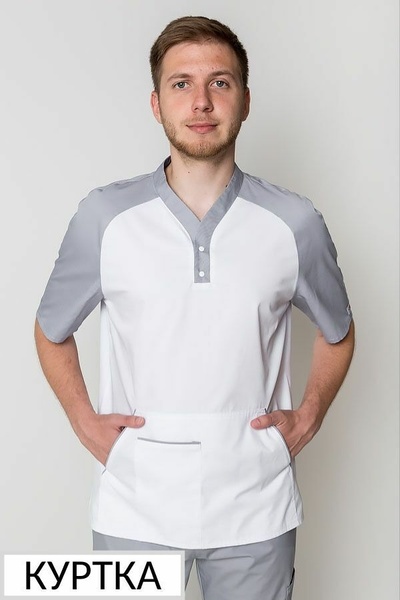 куртка медична Практик (40-60) преміум-котон, колір білий/димчатий, рукав короткий 584591704 фото