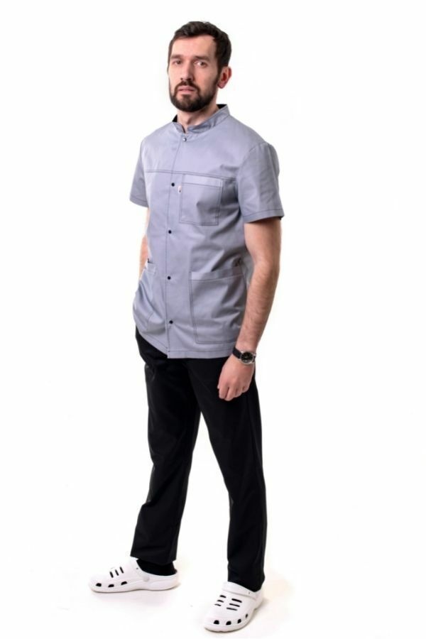 медичний костюм Берлін (42-68) на кнопках тк.преміум-котон - колір сірий/чорний, рукав короткий, брюки прямі 2125956615 фото