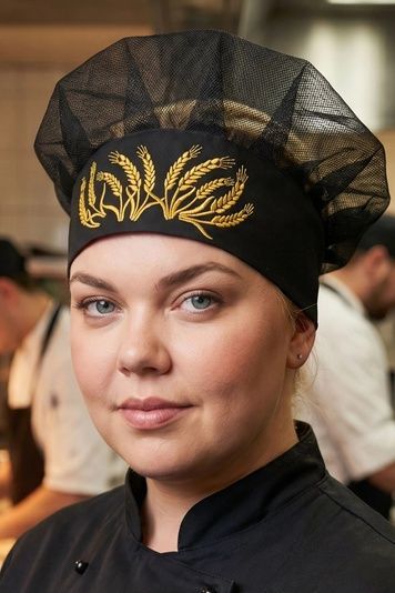 Кухарський ковпак з вишивкою "Колоски" та сіткою Соти на ліпучці саржа чорний - Форма кухаря (230.280)