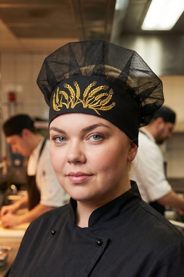 Кухарський ковпак з вишивкою "Колоски" та сіткою Соти на ліпучці саржа чорний - Форма кухаря (230.280)