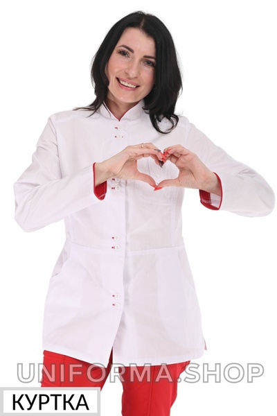 куртка медична Рубіна (40-60) преміум-котон, колір білий/червоний, рукав довгий 387053304 фото