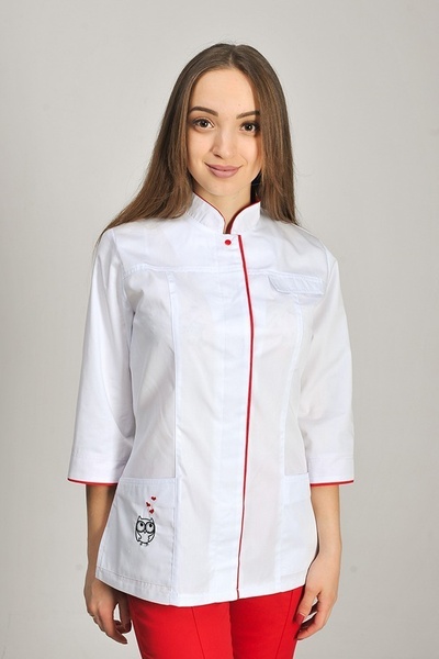 медичний костюм Сакура (40-60) преміум-котон, колір білий/червоний, рукав 3/4, тип брюк - класичні 823002900 фото