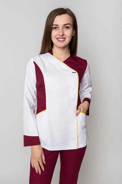 медичний костюм Мілана (40-60) преміум-котон, колір білий/марсала, рукав довгий, тип брюк - класичні 576599504 фото