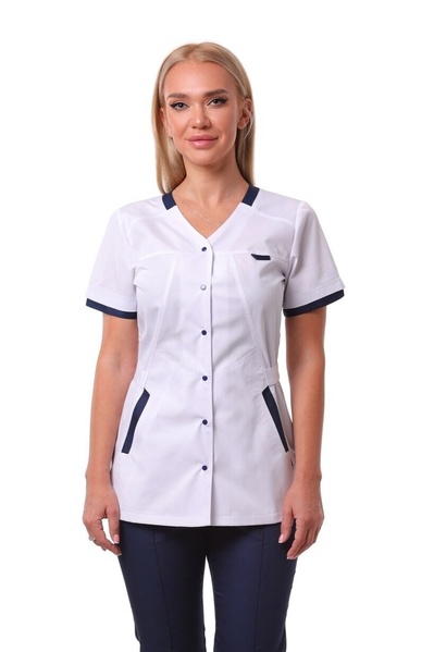 медичний костюм Анталія (40-66) на кнопках тк.батист - колір білий/темно-синій, рукав короткий, брюки класичні 1280675701 фото