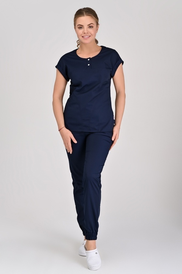 медичний костюм Парма (40-66) через голову тк.батист - колір темно-синій , рукав короткий, брюки джогери 76913104 фото