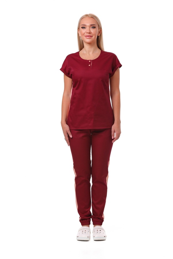 медичний костюм СЗ-Парма (40-66) через голову тк.преміум-котон - колір бордовий/пудровий, рукав короткий, брюки джогери 2654331615 фото