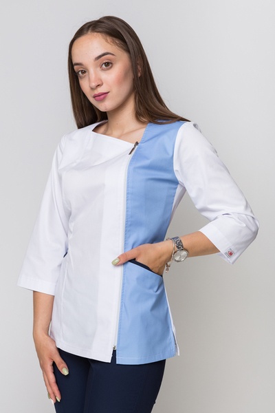 медичний костюм Лілія (40-60) преміум-котон, колір білий/блакитний, рукав 3/4, тип брюк - класичні 563610504 фото