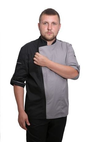 Кітель шеф кухаря на блискавці сітка на спині Косуха котон сірий/чорний р.44 (44-74) рукав 3/4 - спецодяг кухаря (109359304.693)
