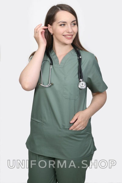медичний костюм Саманта (40-60) преміум-котон, колір олива хт, рукав короткий, тип брюк - класичні 70690504 фото