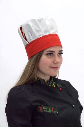 Кухарський ковпак Танагра на ліпучці саржа білий/червоний - Форма кухаря (80.100)