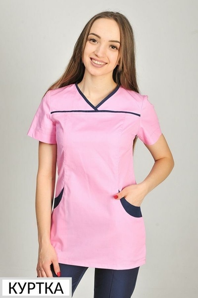 куртка медична І-30 (40-60) преміум-котон, колір рожевий/темно-синій, рукав короткий 402209504 фото