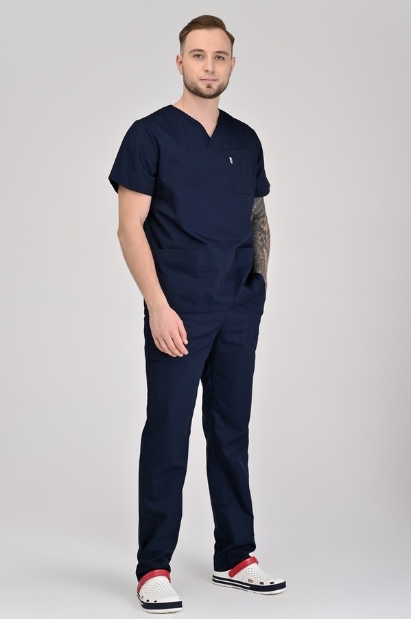 медичний костюм Мадрид (40-68) через голову тк.преміум-котон - колір темно-синій , рукав короткий, брюки прямі 371583815 фото