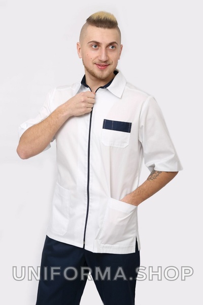 медичний костюм Ітан (40-60) преміум-котон, колір білий/темно-синій, рукав 1/2, тип брюк - класичні 340605101 фото