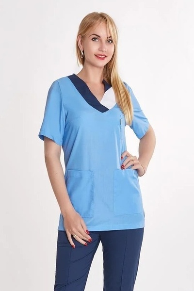медичний костюм Ванесса (42-56) тк. батист, колір блакитний/темно-синій, рукав 1/2, брюки класичні 9349415 фото