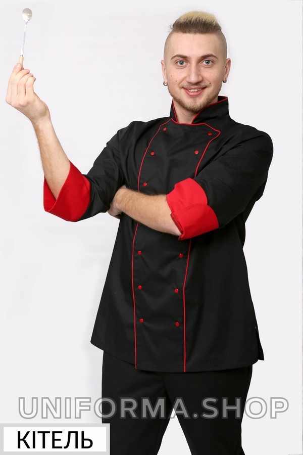 фото Кітель кухаря №127 чорний/червоний довгий рукав 1559702902