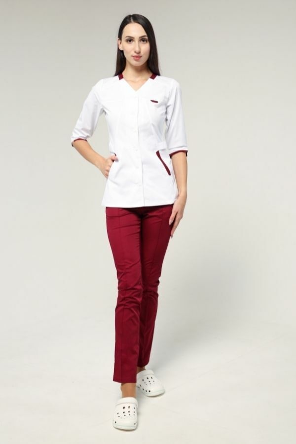 медичний костюм Анталія (40-66) на гудзиках тк.преміум-котон - колір білий/бордовий, рукав 3/4, брюки класичні 2164895704 фото