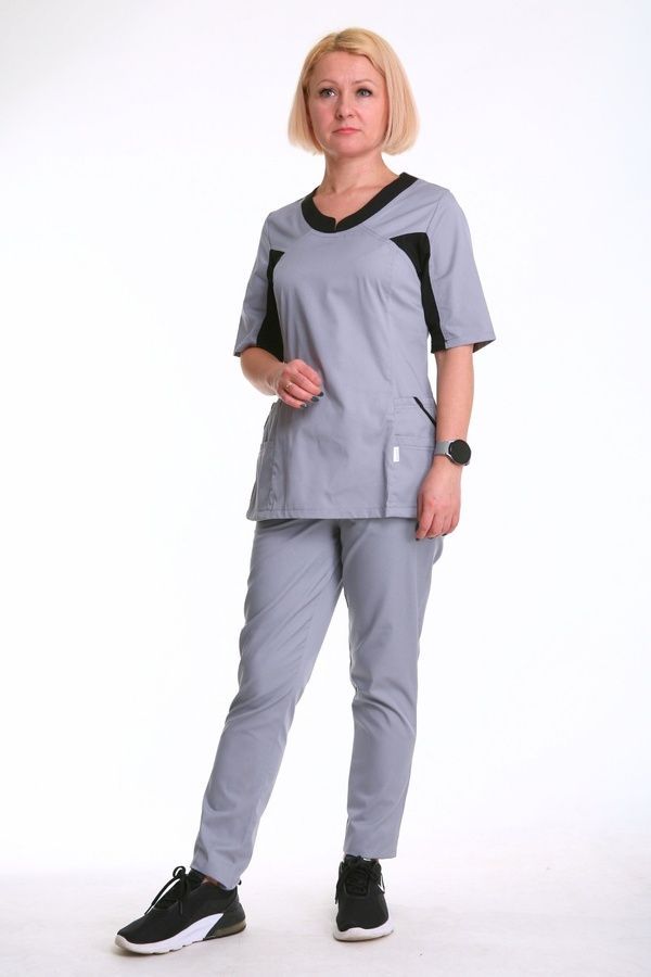 Медичний жіночий костюм хірурга через голову 42р. модель 3281 котон сірий/чорний - Медична форма Хелслайф (590.649)